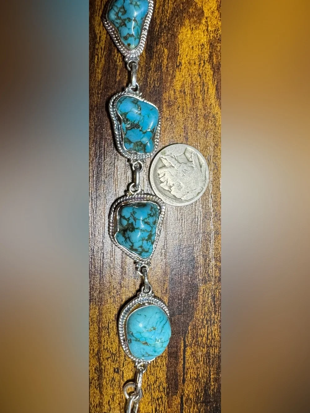 Blue Turquoise Cabachon Adjustable Bracelet Set In 925 Sterling Silver